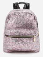 Romwe Pink Front Zipper Glitter Backpack