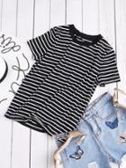 Romwe Ribbed Neck Striped Tee