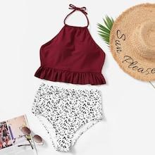 Romwe Ruffle Top With Leopard Bikini Set
