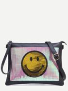 Romwe Black Sequin Smiley Face Wristlet Bag With Strap