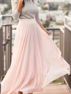 Romwe Pink Chiffon Flare Long Skirt