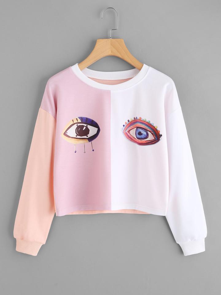 Romwe Color Block Eye Print Crop Sweatshirt