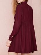 Romwe Wine Red Long Sleeve Lapel Pleated Dress