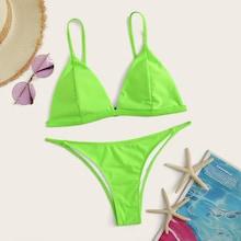 Romwe Neon Lime Triangle Top With String Bikini Set