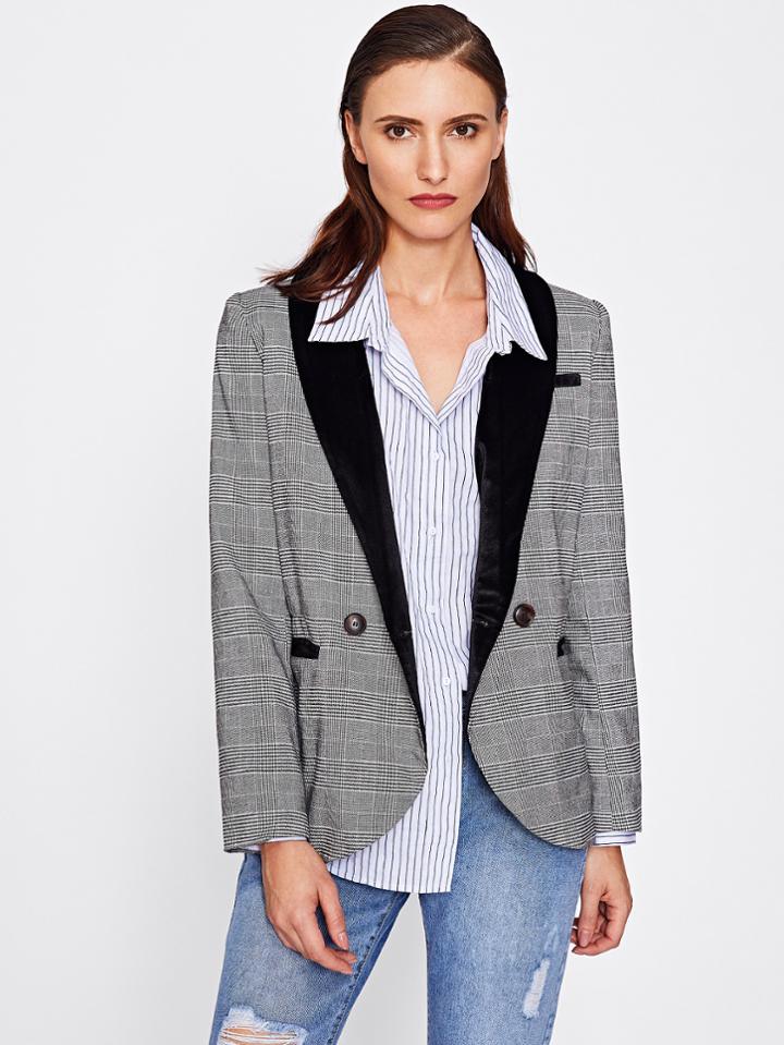 Romwe Velvet Shawl Collar Plaid Blazer