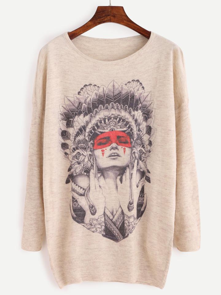 Romwe Apricot Avatar Print Drop Shoulder Jersey Sweater