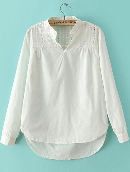 Romwe White Stand Collar Long Sleeve Dip Hem Blouse