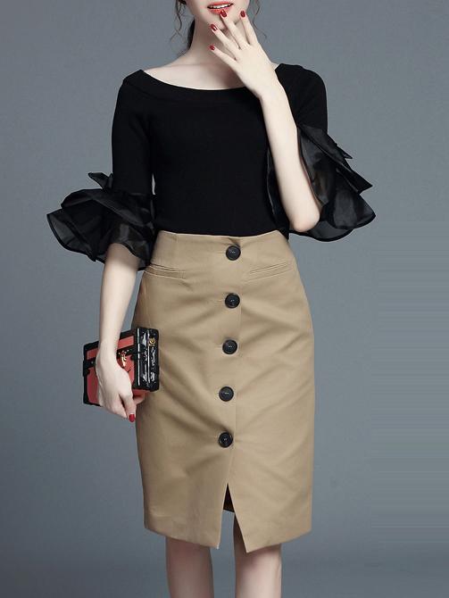 Romwe Black Bell Sleeve Top With Skirt