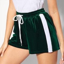 Romwe Striped Tape Side Drawstring Waist Velvet Shorts