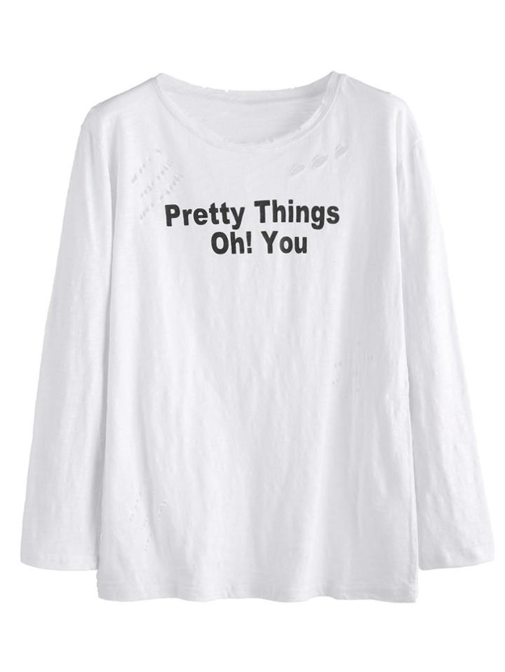 Romwe White Ripped Letters Print Long Sleeve T-shirt