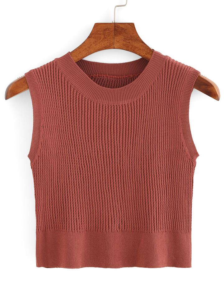 Romwe Crop Ribbed Sweater Vest - Khaki