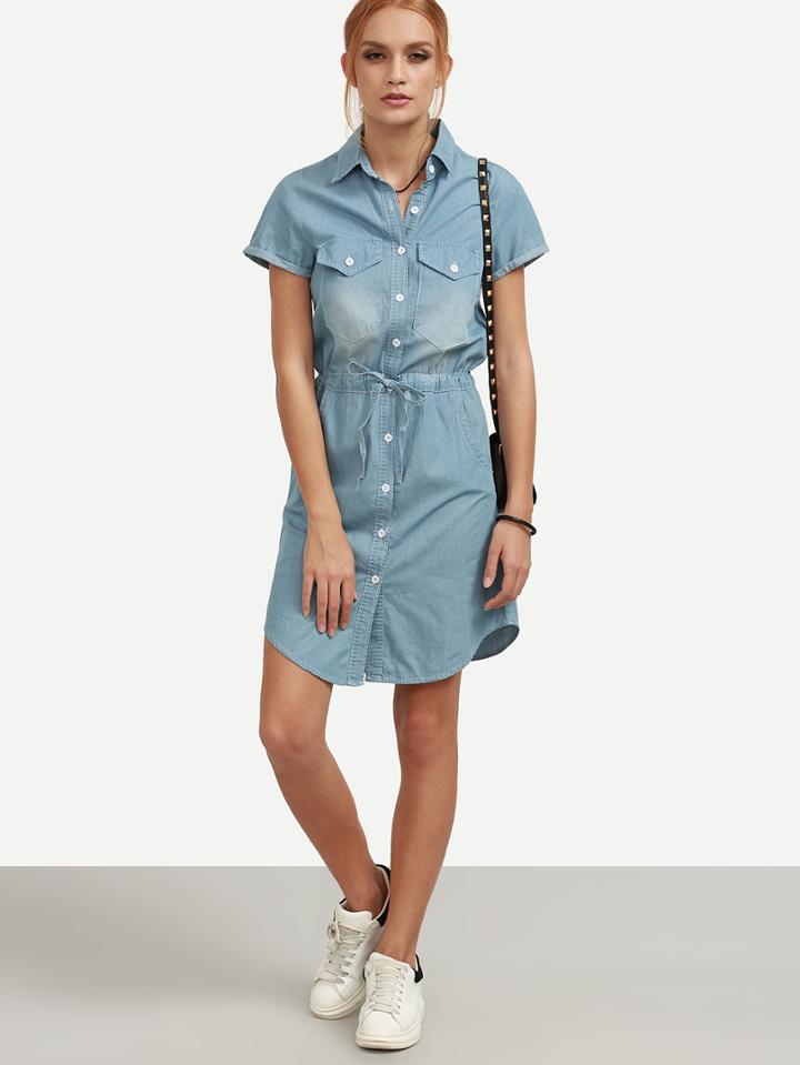 Romwe Blue Drawstring Denim Shirt Dress