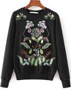 Romwe Black Floral Embroidery Round Neck Sweatshirt