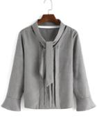 Romwe Tie-neck Ruched Crop Grey Blouse