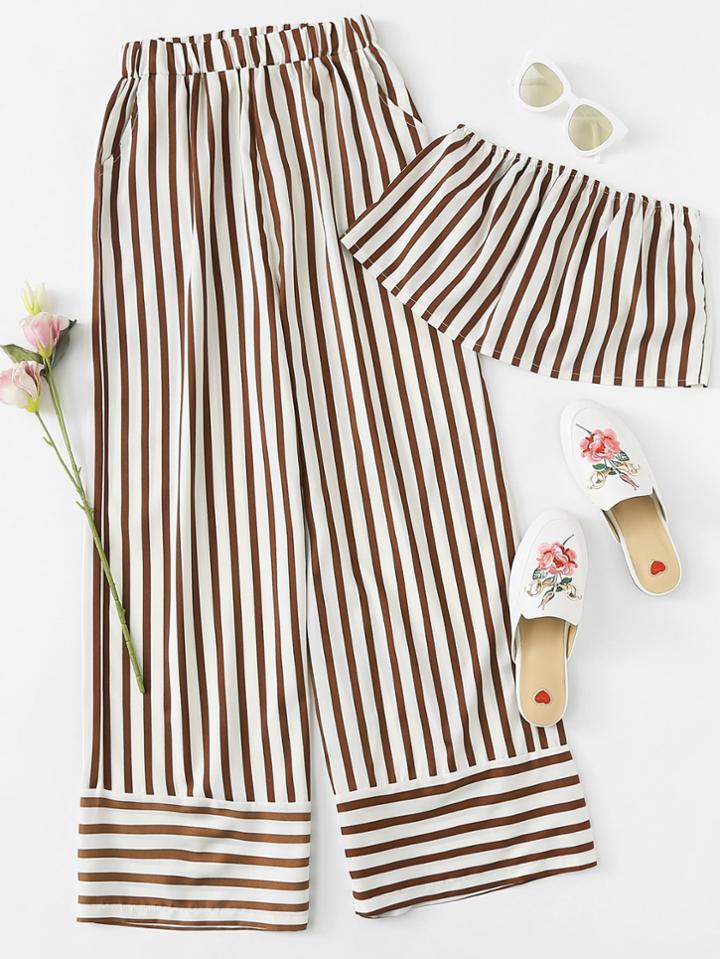 Romwe Striped Crop Tube Top With Pants