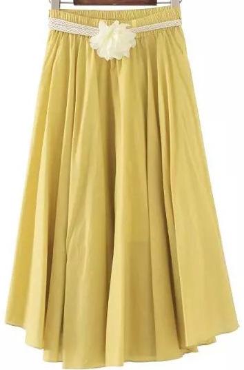 Romwe With Belt Pleated Yellow Skirt