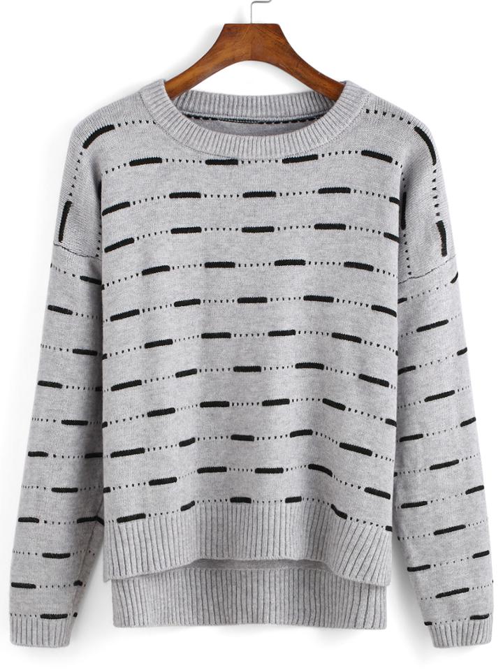 Romwe Dip Hem Striped Grey Sweater