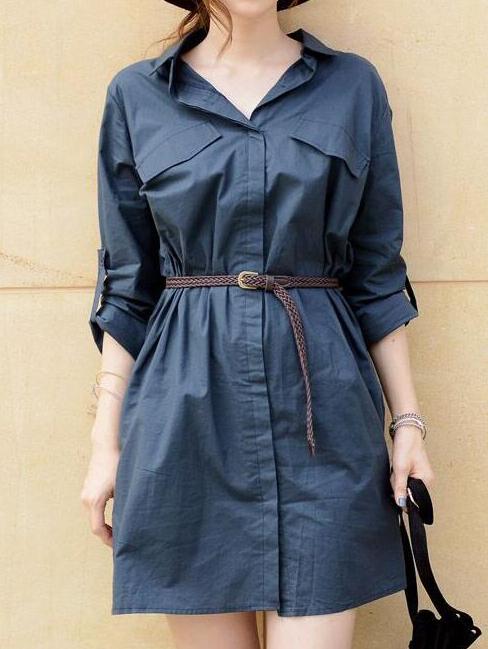 Romwe Lapel Pockets Shirt Navy Dress With Belt