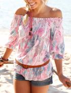 Romwe Off The Shoulder Ruffle Sleeve Floral Blouse