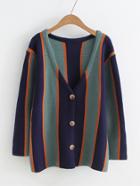 Romwe Block Striped Button Up Sweater Coat