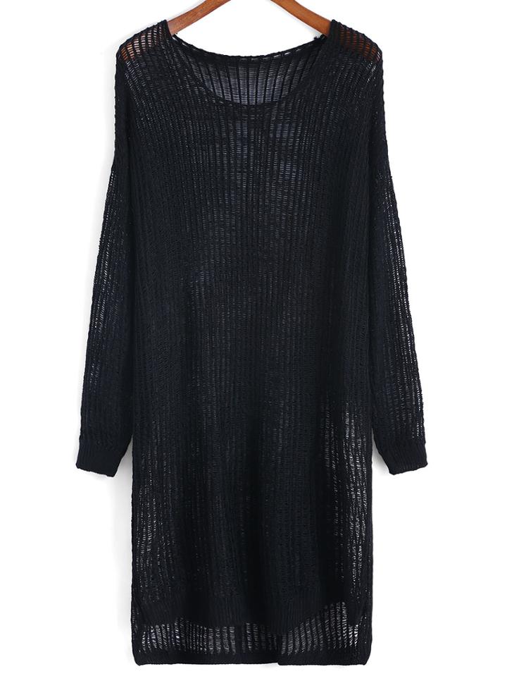 Romwe Dip Hem Open-knit Black Sweater