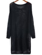 Romwe Dip Hem Open-knit Black Sweater