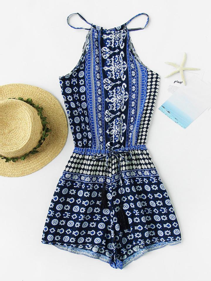 Romwe Random Drawstring Waist Split Self Tie Back Romper