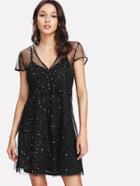 Romwe Cami Dress With Glitter Mesh Cover Up