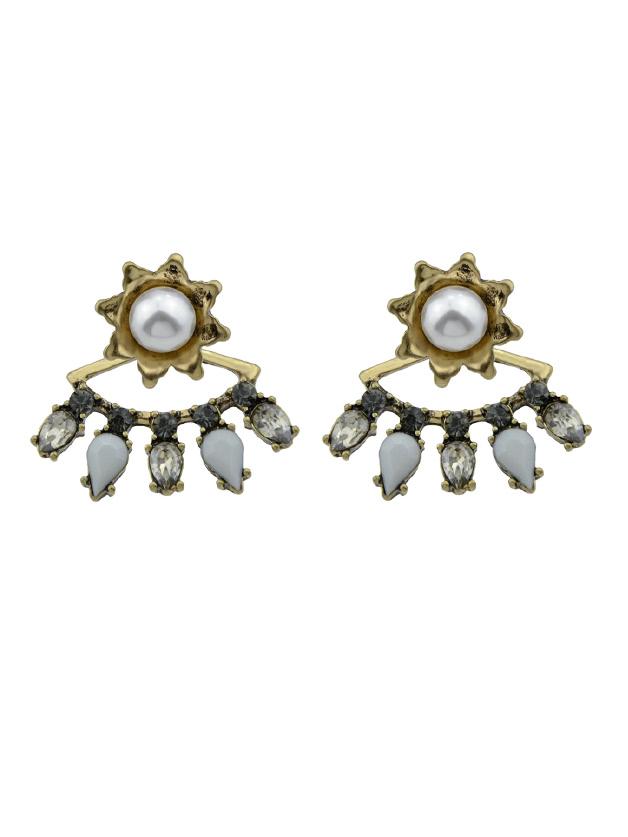 Romwe Rhinestone And Simulated-pearl Flower Stud Earrings