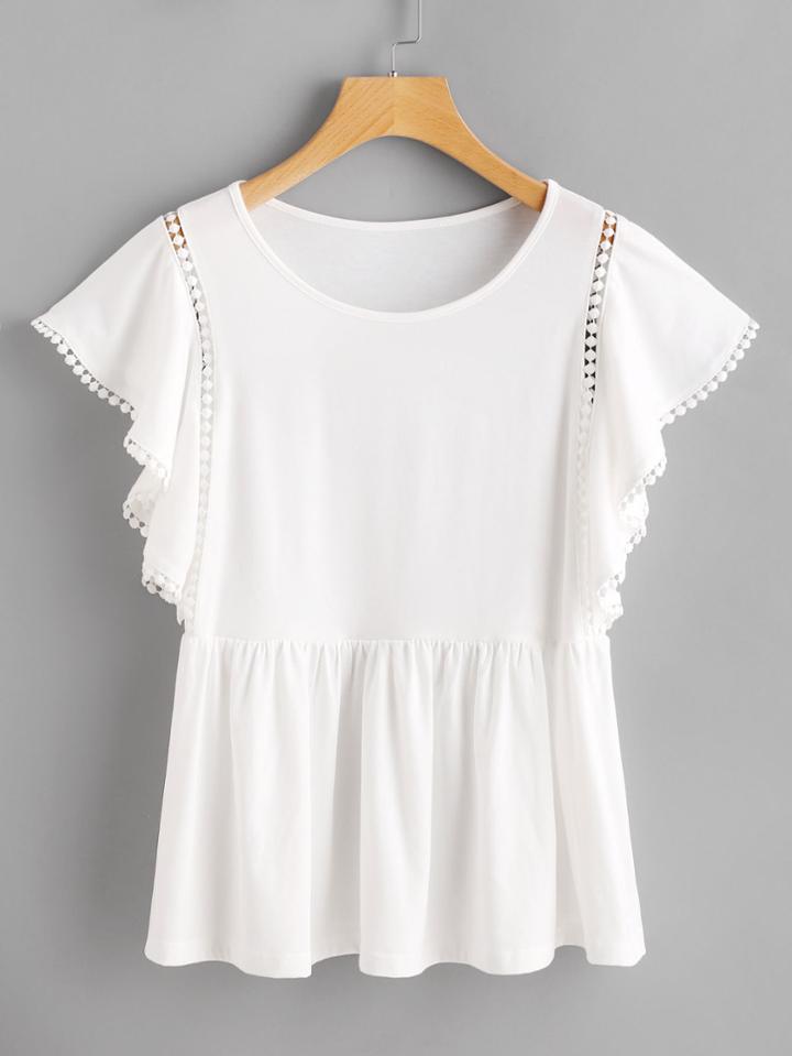 Romwe Dot Crochet Insert Flutter Sleeve Tee