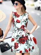 Romwe Multicolor Round Neck Sleeveless Rose Print Dress