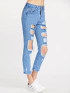 Romwe Blue Distressed Crop Denim Jeans