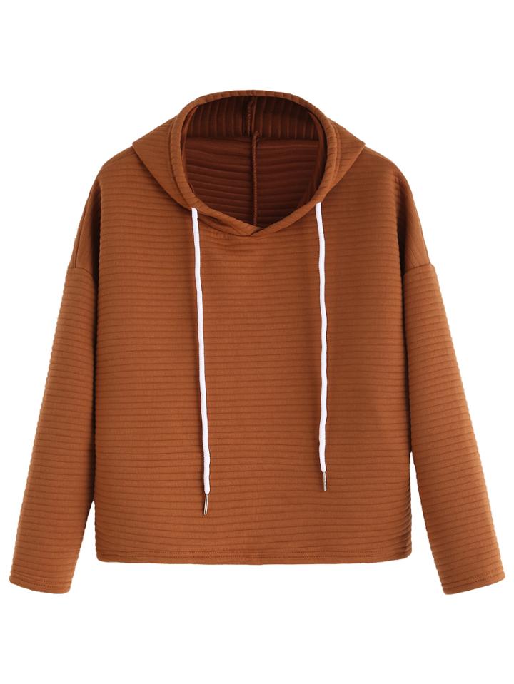 Romwe Khaki Drop Shoulder Striped Textured Hooded Sweatshirt