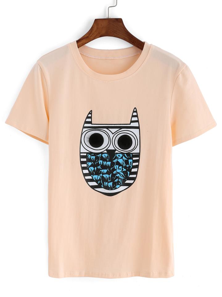 Romwe Owl Print Pink T-shirt