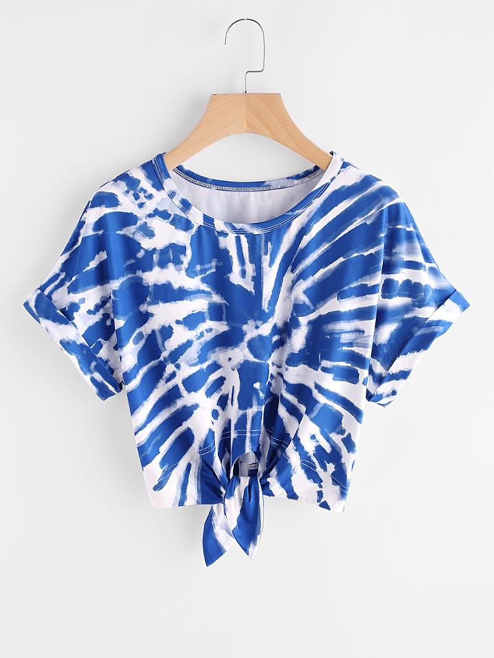 Romwe Cuffed Sleeve Knot Front Tie Dye T-shirt