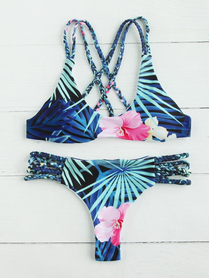 Romwe Jungle Print Braided Strap Cross Back Bikini Set
