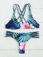 Romwe Jungle Print Braided Strap Cross Back Bikini Set
