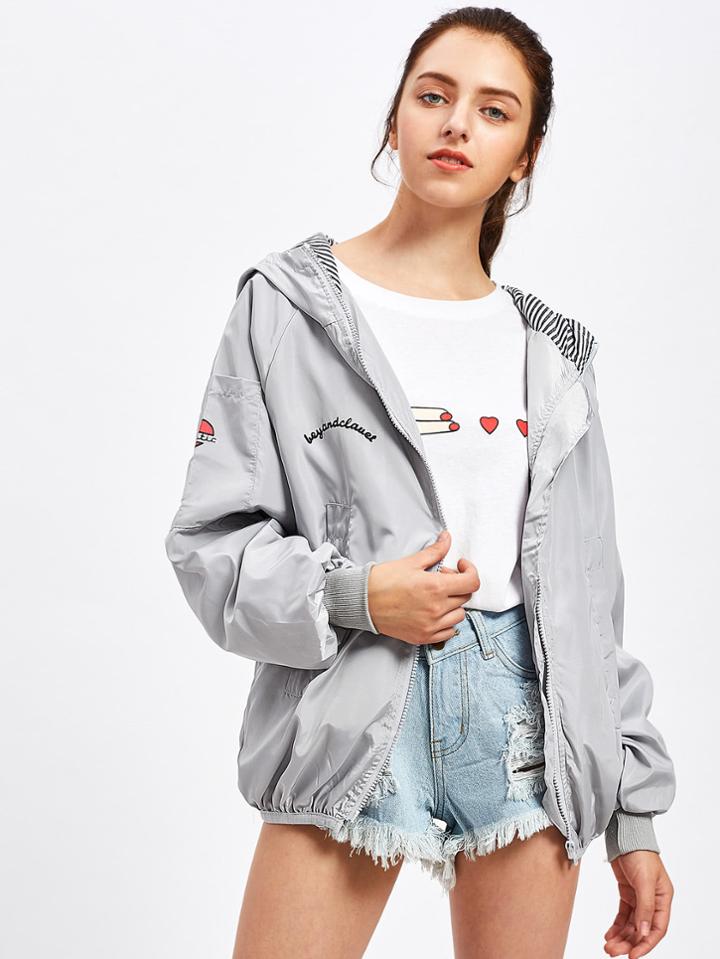 Romwe Letter Print Hooded Zip Up Jacket