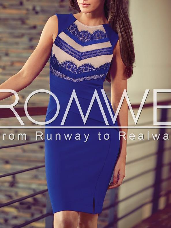 Romwe Blue Sleeveless Contrast Mesh Yoke Cut Out Sheath Dress