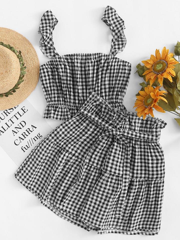Romwe Ruffle Trim Checked Top With Shorts