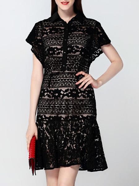 Romwe Black Lapel Batwing Sleeve Lace A-line Dress