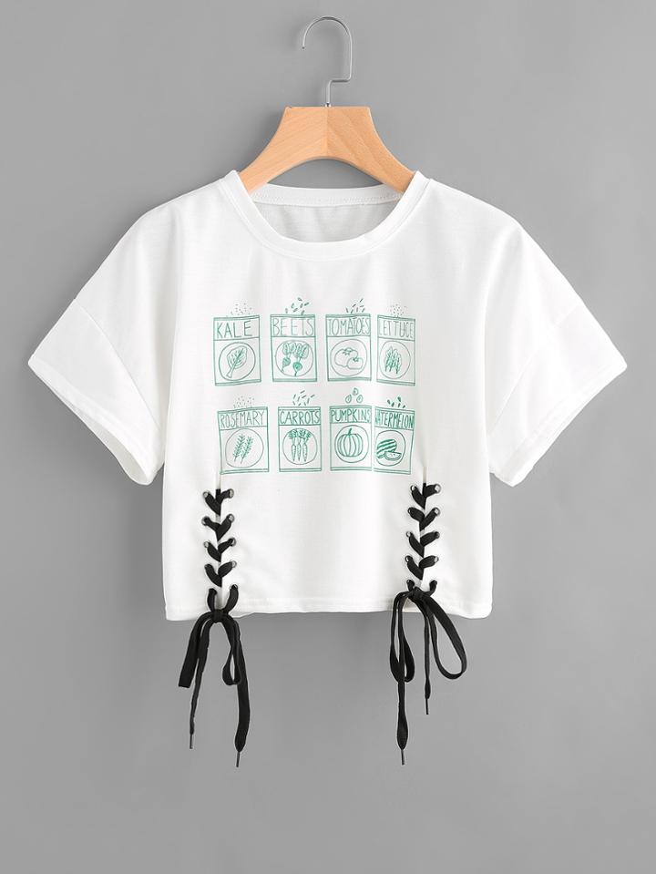 Romwe Graphic Print Eyelet Lace Up Side Tee
