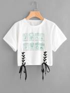 Romwe Graphic Print Eyelet Lace Up Side Tee