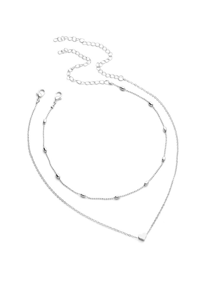 Romwe Heart Pendant Chain Necklace With Beaded Choker