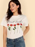 Romwe Letter And Flower Print Tee