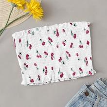Romwe Cherry Print Frill Trim Shirred Bandeau Top