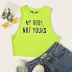 Romwe Neon Lime Slogan Print Crop Tank Top