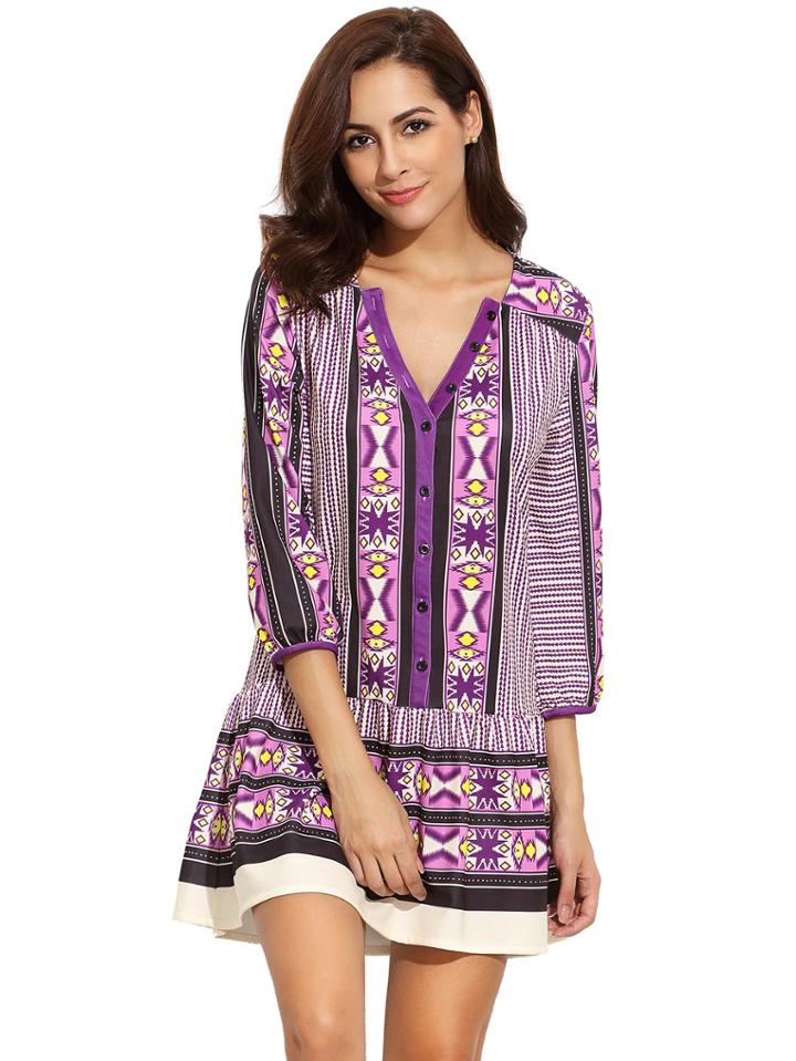 Romwe Purple V Neck Vintage Print Dress