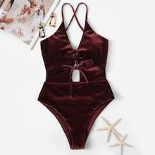 Romwe Ribbed Lace-up Cross Back Backless Monokini