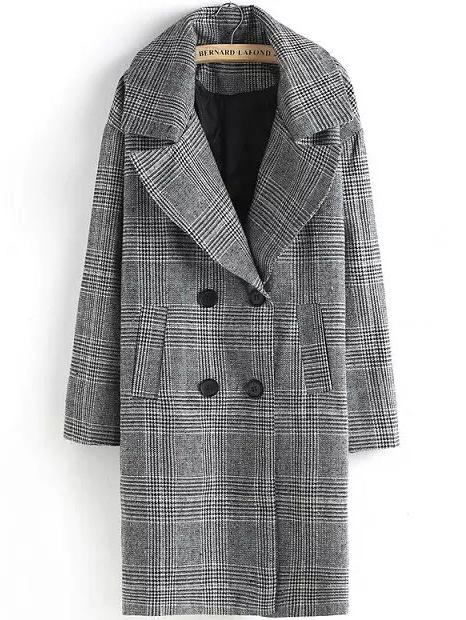 Romwe Lapel Plaid Double Breasted Grey Coat
